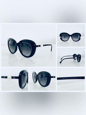 CHANEL Black Round Sunglasses with Pearl Temple Accent